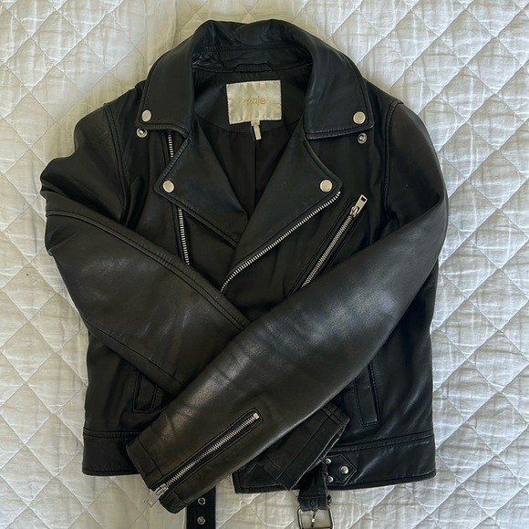 Maje Leather Biker Jacket Black Size 36 - Picture 2 of 13